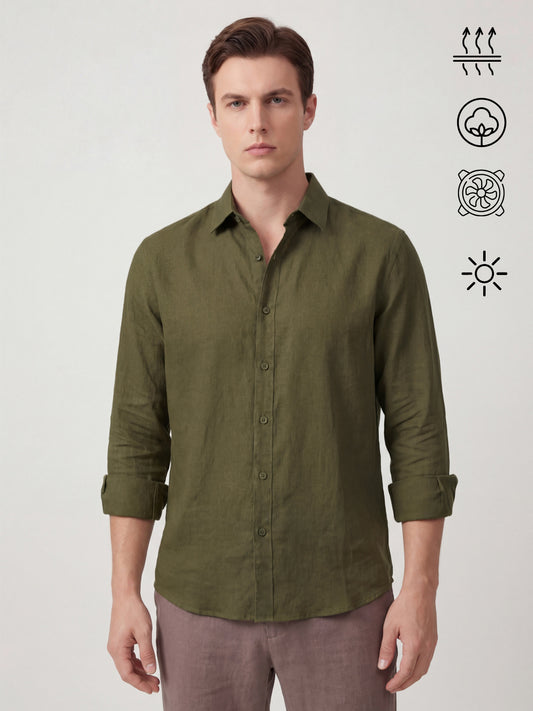 Men's Linen Blend Breathable Solid Smart Casual Shirt