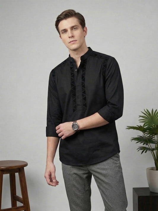 Satin 2-Way Stretch Geometric Foil Printed Smart Casual Kurta