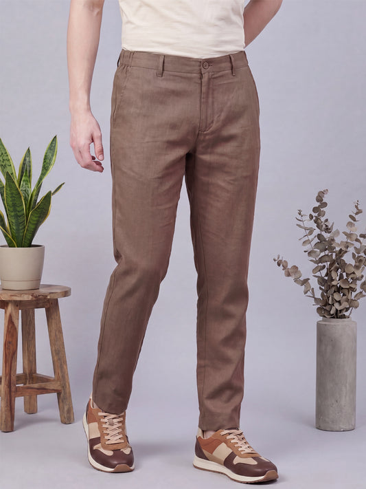 Men's Taupe Solid Breathable Linen Blend Trousers