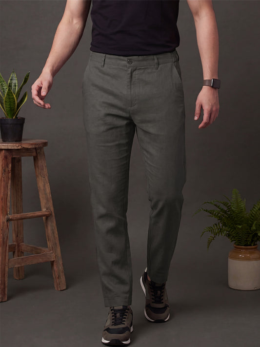 Men's Khaki Solid Breathable Linen Blend Trousers