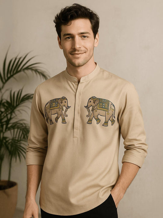 Cream Animal Printed Daily Designer Kurta For Men by HE SPOKE