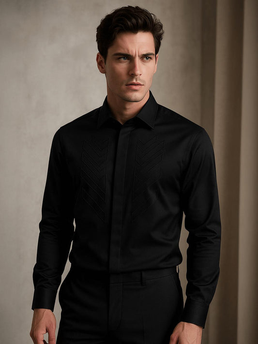 Black Geometric Embroidered Party Designer Shirt For Men by HE SPOKE