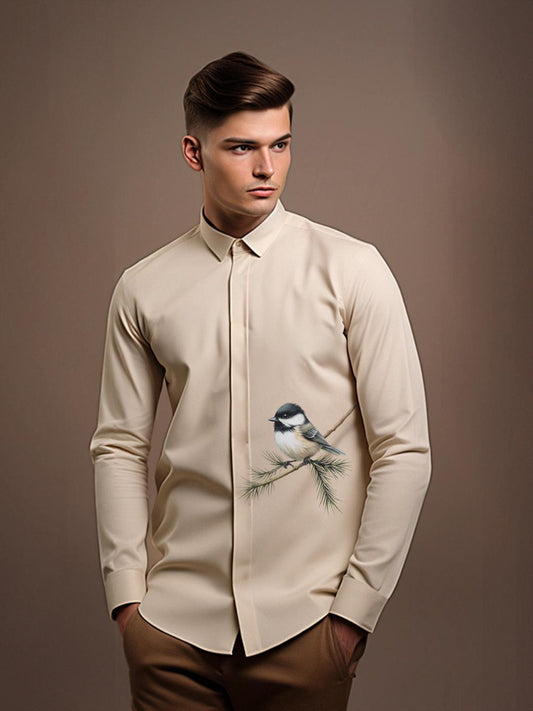 Cream Printed Casual Designer Shirt For Men by HE SPOKE