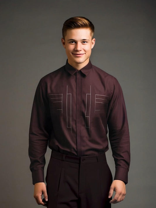 Burgundy Geometric Embroidered Party Designer Shirt For Men by HE SPOKE