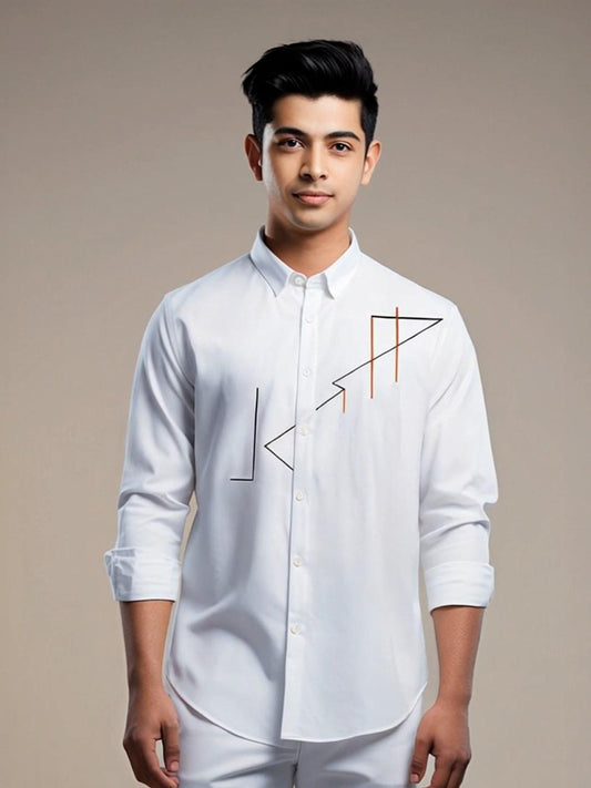 White Geometric Embroidered Casual Designer Shirt For Men by HE SPOKE