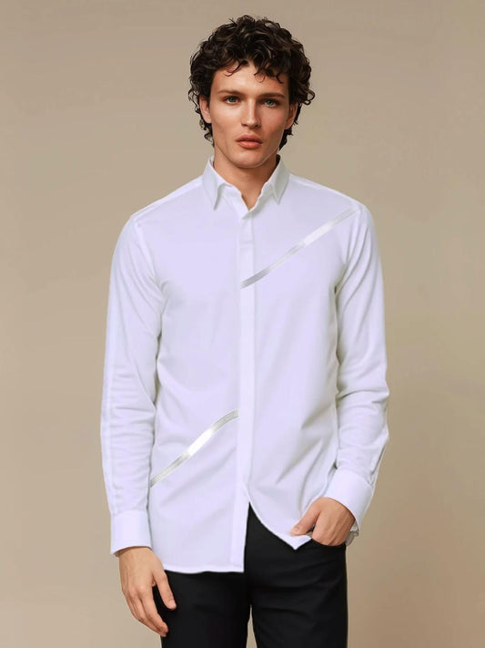 White Geometric Foil Printed Party Designer Shirt For Men by HE SPOKE