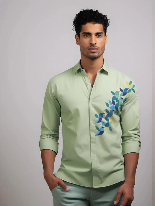 Green Printed Casual Designer Shirt For Men by HE SPOKE