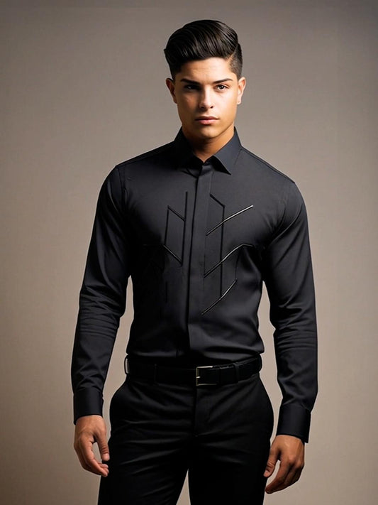 Black Geometric Embroidered Party Designer Shirt For Men by HE SPOKE