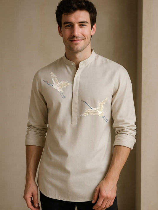 Cream Printed Daily Designer Kurta For Men by HE SPOKE