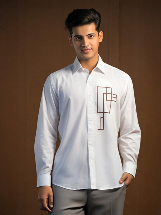 White Geometric Embroidered Casual Designer Shirt For Men by HE SPOKE