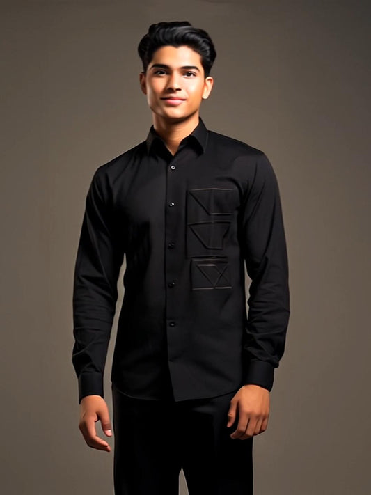 Black Geometric Embroidered Party Designer Shirt For Men by HE SPOKE