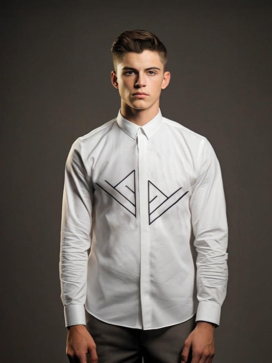 White Geometric Embroidered Party Designer Shirt For Men by HE SPOKE