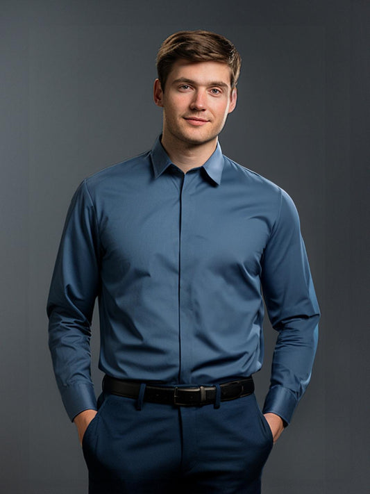 Blue Solid Formal Designer Shirt For Men by HE SPOKE