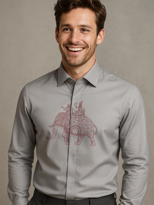 Grey Ethnic Motifs Printed Party Designer Shirt For Men by HE SPOKE