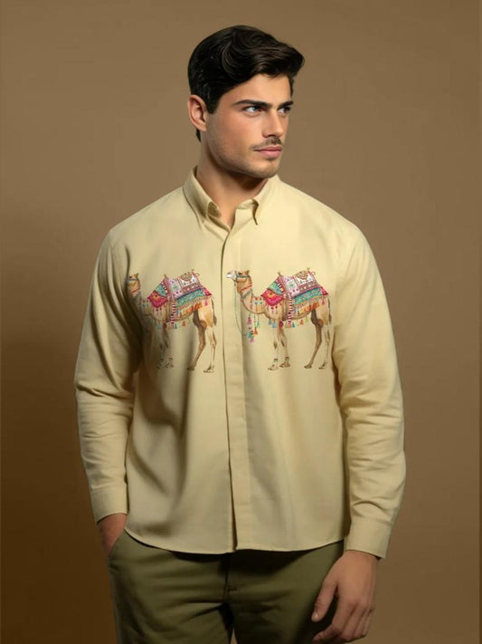 Cream Animal Printed Casual Designer Shirt For Men by HE SPOKE