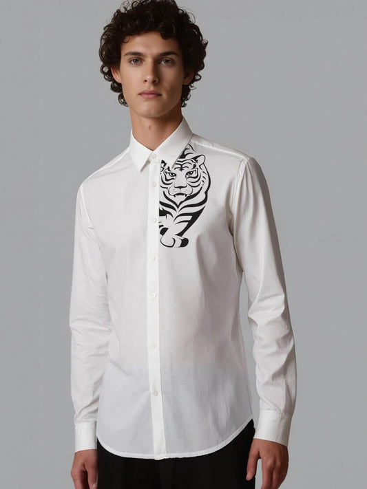 White Animal Printed Casual Designer Shirt For Men by HE SPOKE