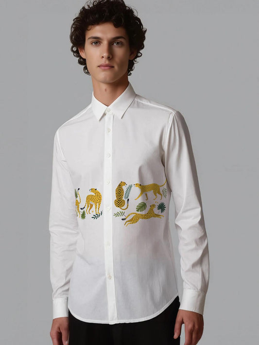 White Animal Printed Casual Designer Shirt For Men by HE SPOKE