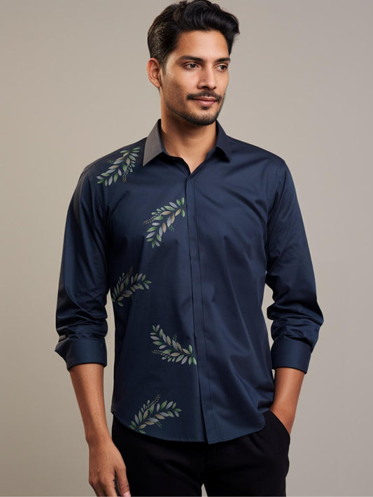 Navy Abstract Printed Casual Designer Shirt For Men by HE SPOKE