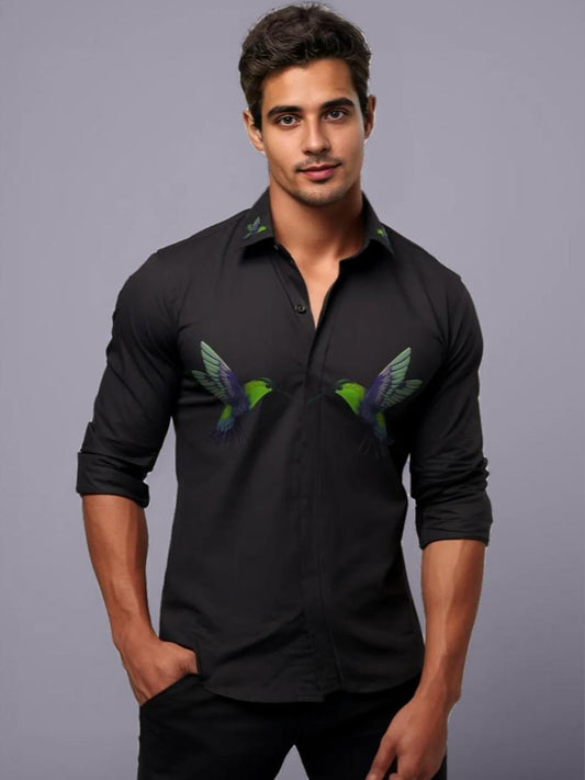 Black Printed Casual Designer Shirt For Men by HE SPOKE