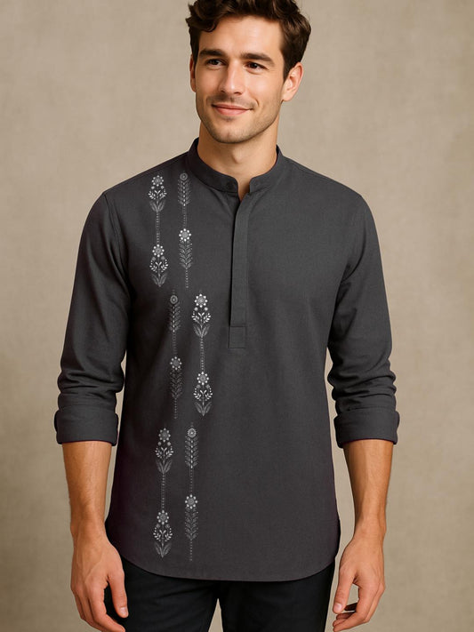 Grey Ethnic Motifs Printed Daily Designer Kurta For Men by HE SPOKE