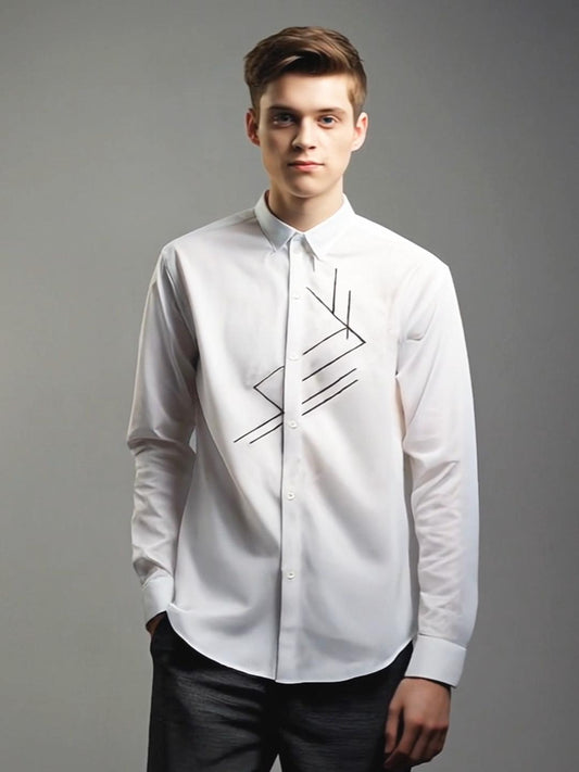 White Geometric Embroidered Casual Designer Shirt For Men by HE SPOKE