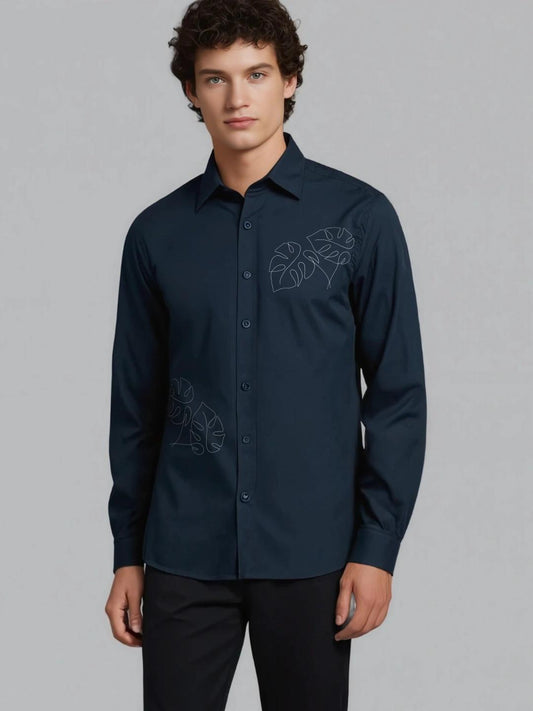 Navy Conversational Printed Casual Designer Shirt For Men by HE SPOKE