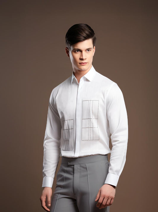 White Geometric Embroidered Smart Casual Designer Shirt For Men by HE SPOKE