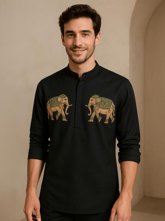 Black Animal Printed Daily Designer Kurta For Men by HE SPOKE