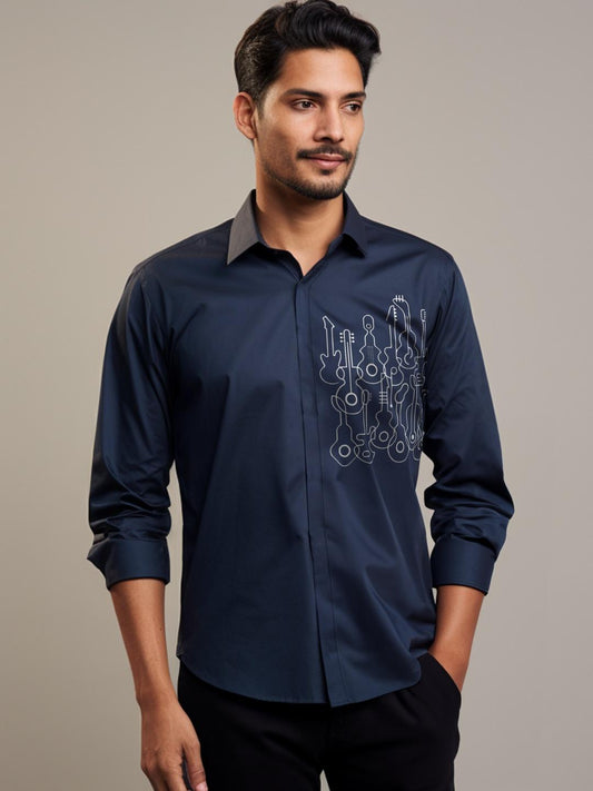 Navy Conversational Printed Casual Designer Shirt For Men by HE SPOKE