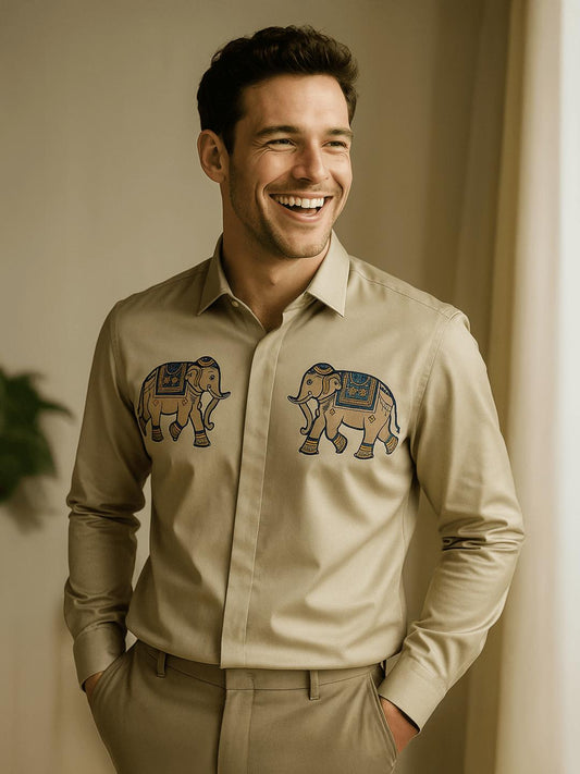 Cream Animal Printed Party Designer Shirt For Men by HE SPOKE