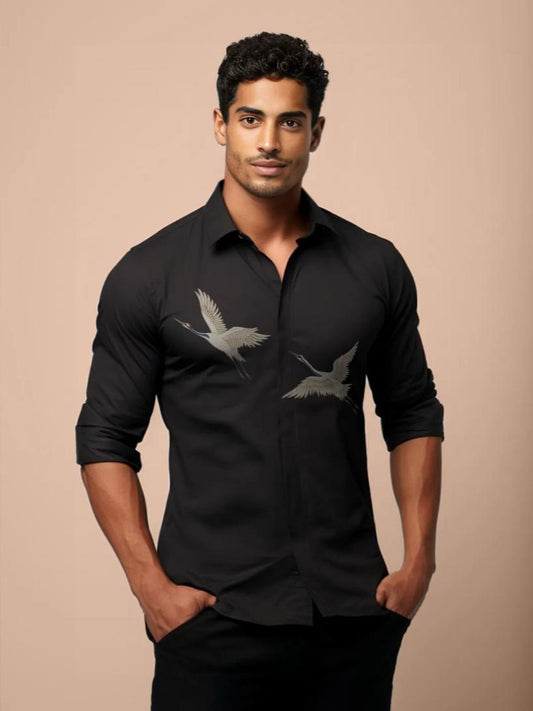 Black Printed Casual Designer Shirt For Men by HE SPOKE