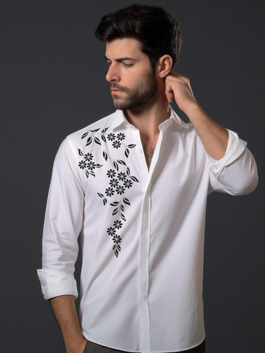 White Floral Printed Casual Designer Shirt For Men by HE SPOKE