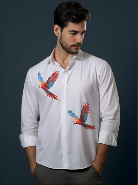 White Conversational Printed Casual Designer Shirt For Men by HE SPOKE