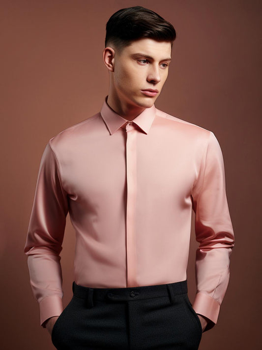Pink Solid Formal Designer Shirt For Men by HE SPOKE