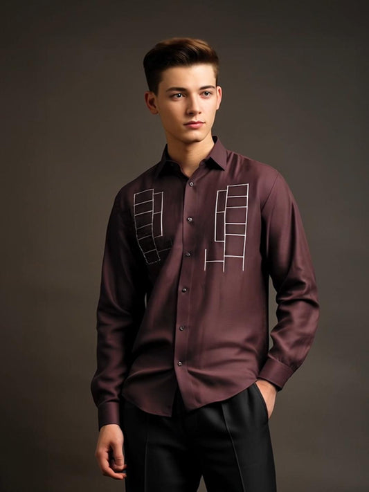 Burgundy Geometric Embroidered Smart Casual Designer Shirt For Men by HE SPOKE