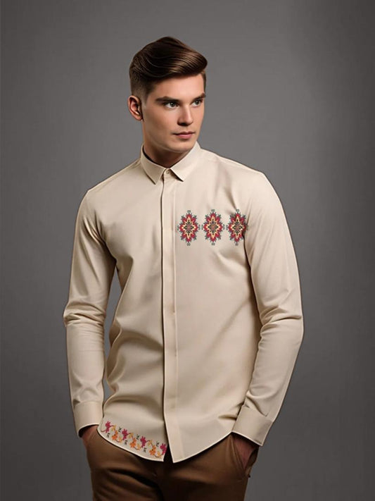 Cream Conversational Printed Casual Designer Shirt For Men by HE SPOKE