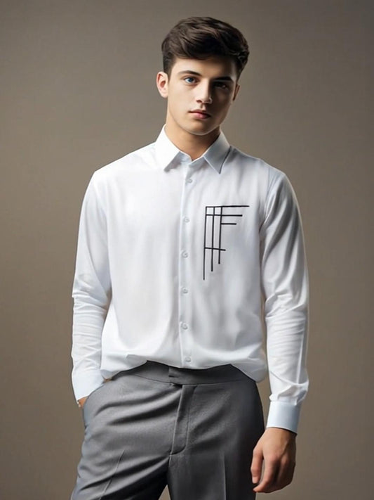 White Geometric Embroidered Casual Designer Shirt For Men by HE SPOKE