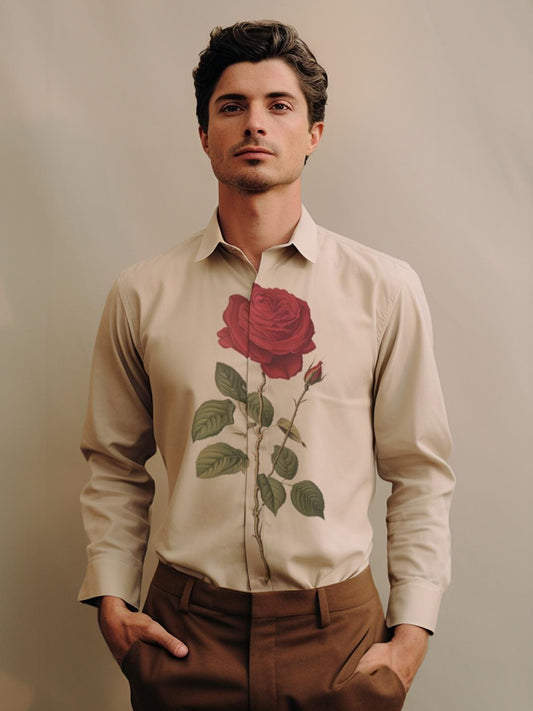 Cream Floral Printed Casual Designer Shirt For Men by HE SPOKE