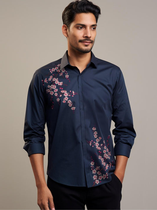 Navy Floral Printed Casual Designer Shirt For Men by HE SPOKE