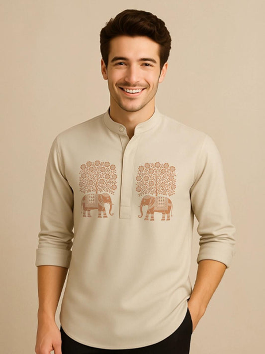 Cream Animal Printed Daily Designer Kurta For Men by HE SPOKE