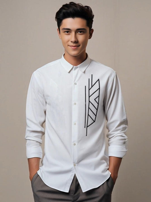 White Geometric Embroidered Casual Designer Shirt For Men by HE SPOKE