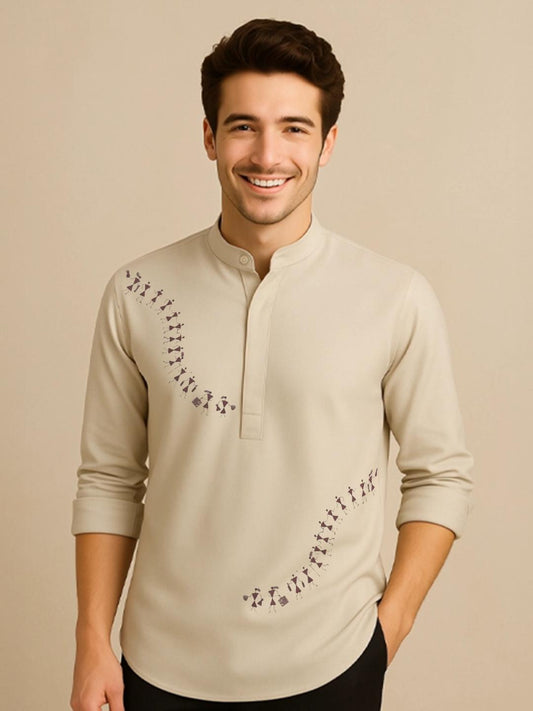 Cream Ethnic Motifs Printed Daily Designer Kurta For Men by HE SPOKE