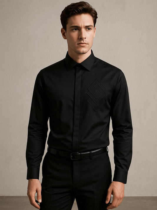Black Geometric Embroidered Party Designer Shirt For Men by HE SPOKE