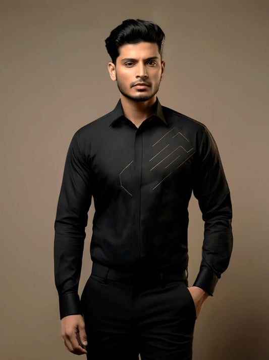 Black Geometric Embroidered Party Designer Shirt For Men by HE SPOKE