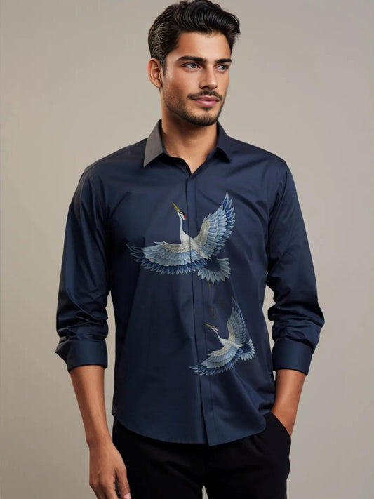 Navy Printed Casual Designer Shirt For Men by HE SPOKE