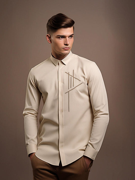 Cream Geometric Embroidered Casual Designer Shirt For Men by HE SPOKE