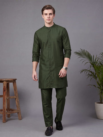 Men's Olive Solid Slub Silk Blend Kurta with Pyjamas