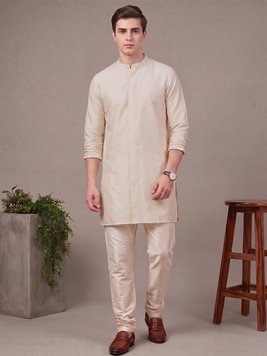 Men's Cream Solid Slub Silk Blend Kurta with Pyjamas