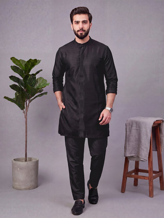Men's Black Solid Slub Silk Blend Kurta with Pyjamas