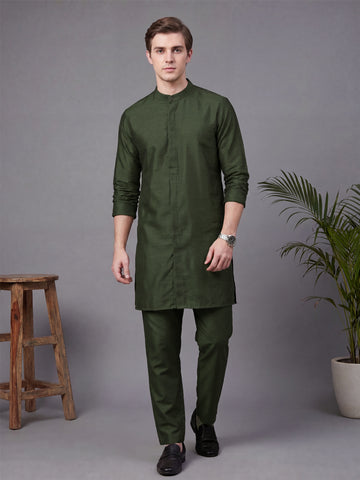 Men's Olive Solid Slub Silk Blend Kurta with Pyjamas